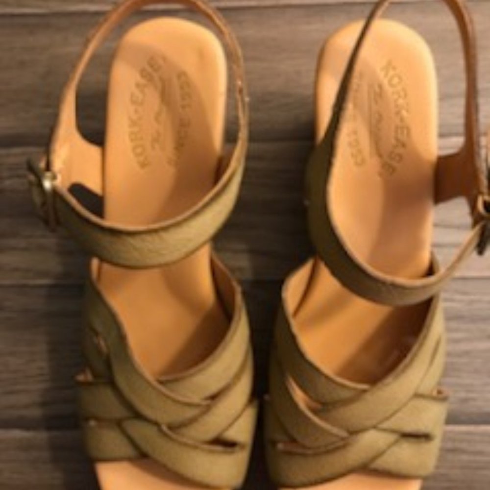 Kork-Ease Olive Green Leather Wedge Sandals - Picture 2 of 13